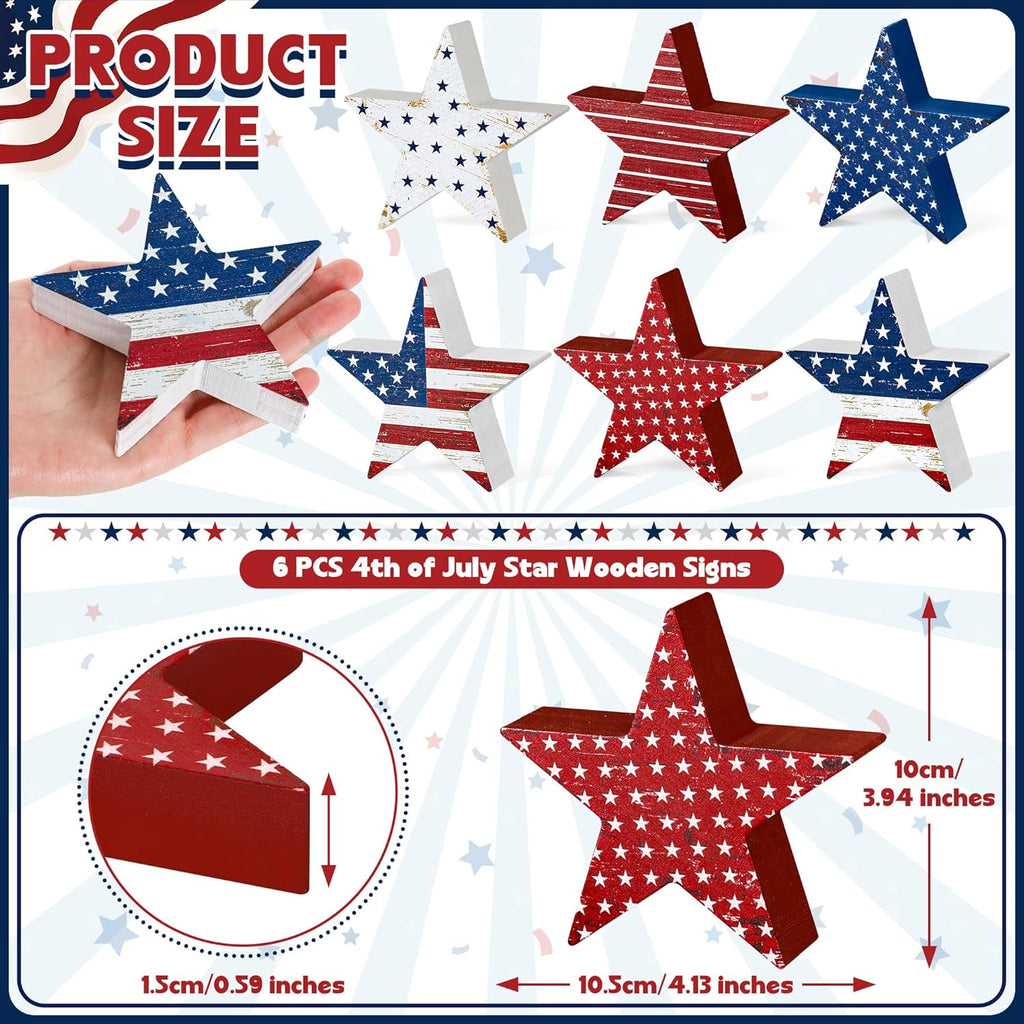 6 PCS 4th of July Wooden Signs, Red White Blue 4th of July Decorations, Star-Shaped 250th Anniversary Patriotic Decor, Independence Day Wood Centerpieces for Tables Shelf Tray Memorial Veterans Day