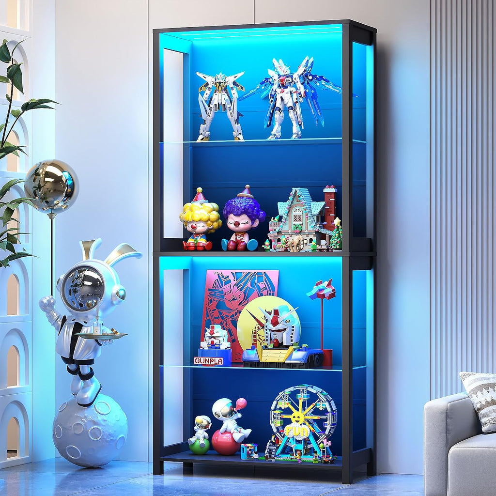 Display Cabinet with Glass Shelves, 4-Tier Display Shelf with LED Lights, Glass Display Case with Removable Shelves, Curio Cabinet for Collectibles, Black