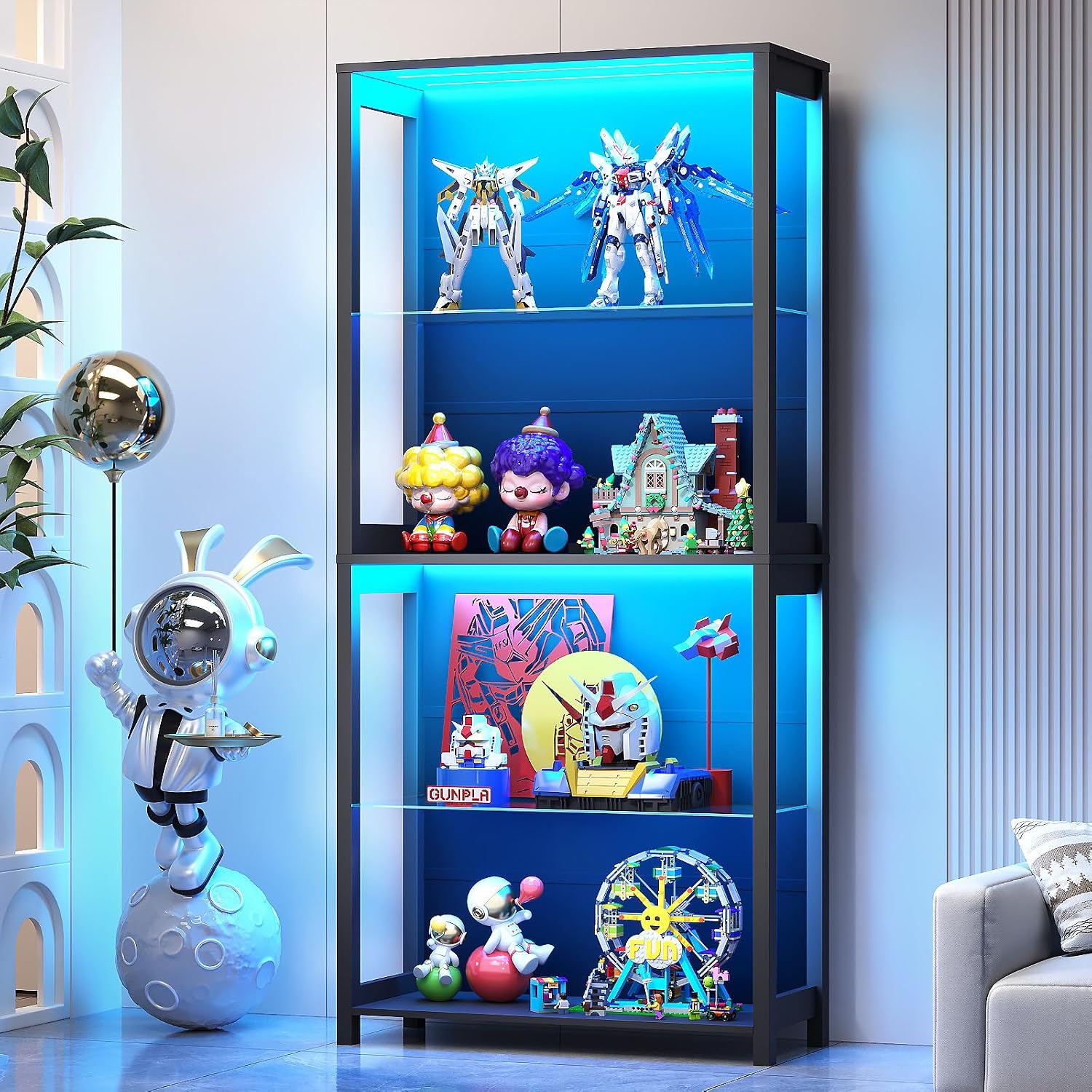 Display Cabinet with Glass Shelves, 4-Tier Display Shelf with LED Lights, Glass Display Case with Removable Shelves, Curio Cabinet for Collectibles, Black