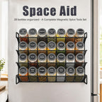 UVIAHOMI Magnetic Spice Rack Organizer for Refrigerator with 28 Spice Jars, 386 Spice Labels, 4 Hook, Chalk Marker and Funnel Set, Magnetic Shelf for Seasoning Organizer, 13.2'' W x 9.8 H, Black