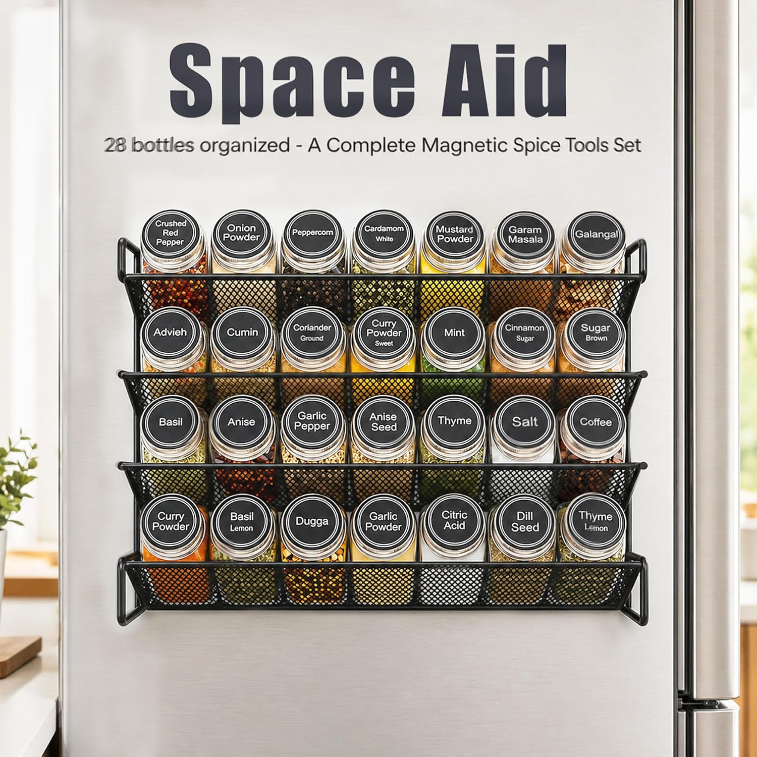 UVIAHOMI Magnetic Spice Rack Organizer for Refrigerator with 28 Spice Jars, 386 Spice Labels, 4 Hook, Chalk Marker and Funnel Set, Magnetic Shelf for Seasoning Organizer, 13.2'' W x 9.8 H, Black