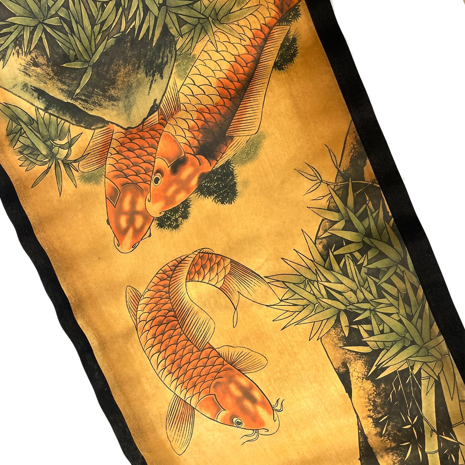 4PCS/Set Wall Scroll Hanging Painting Decor Japanese Koi Fish Flower Fengshui, Ancient Paintings Replica Asia Traditional Art, Attract Wealth Four Seasons
