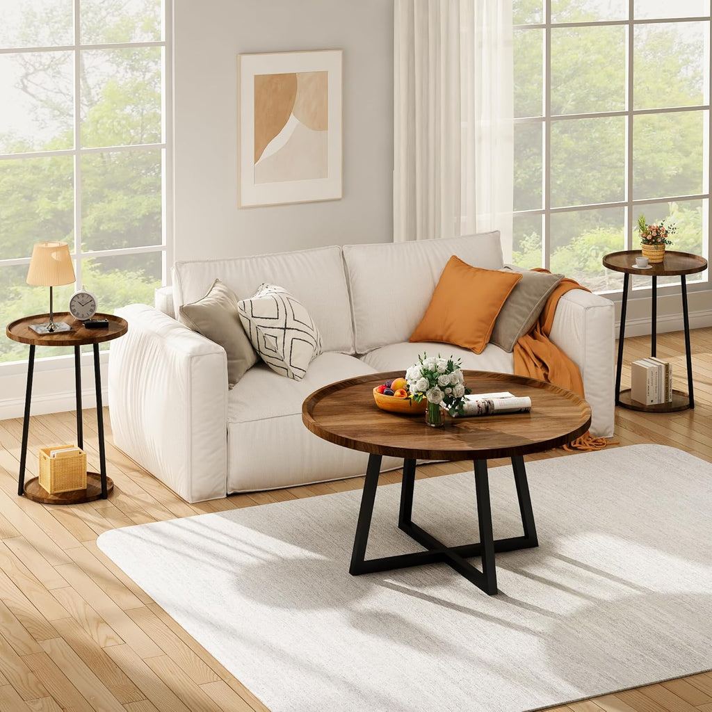 AWQM Coffee Table and End Table Sets, Round Coffee Table Set & 2 End Side Tables, Easy Assembly Vintage Living Room Table Set of 3, Suitable for Offices, Living Rooms and Apartments, Walnut
