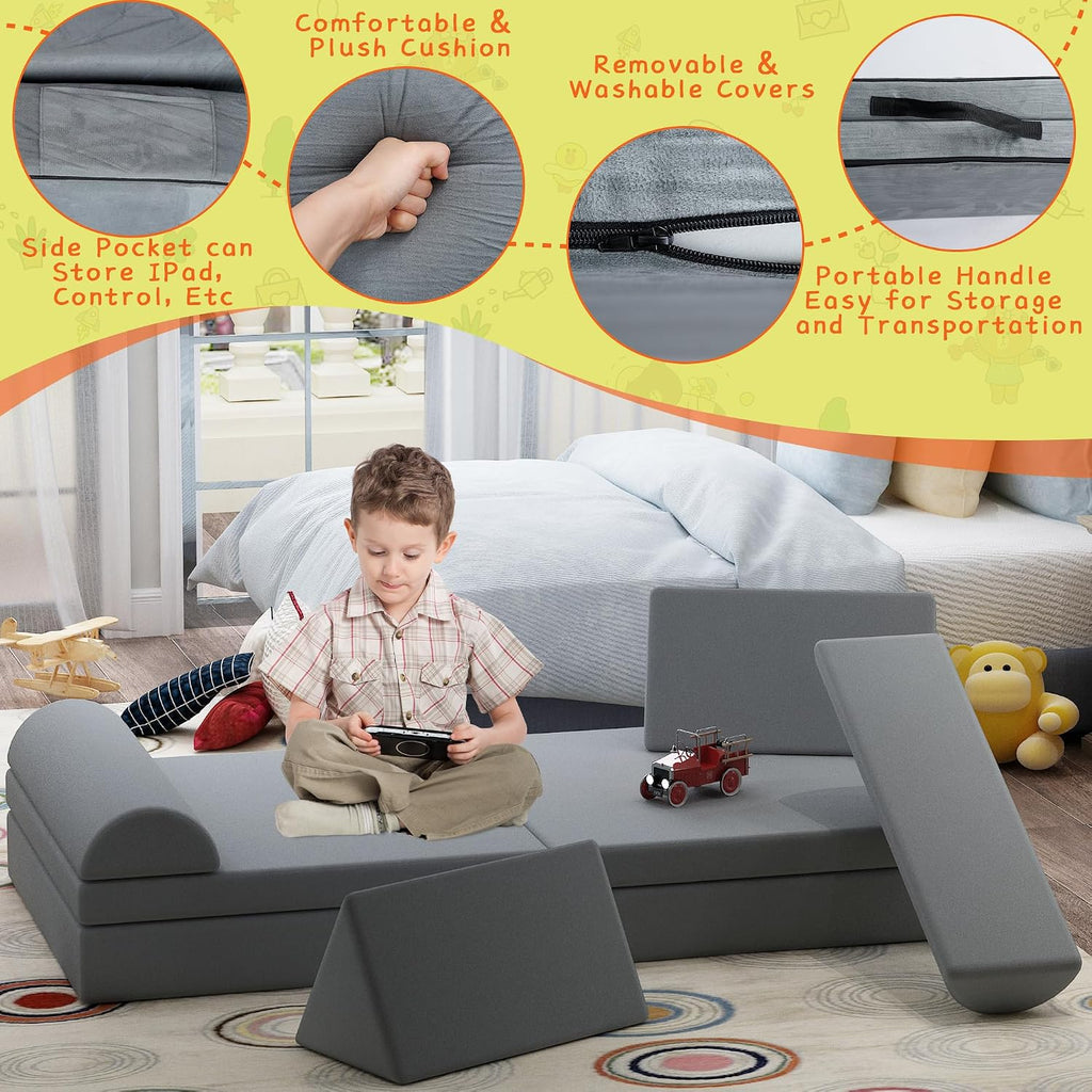 Modular Kids Play Couch 8PCS,Convertible Sofa for Toddler and Baby,Kids Couch Building Fort,Multifunctional Foam Sofa for Playroom,Large Size