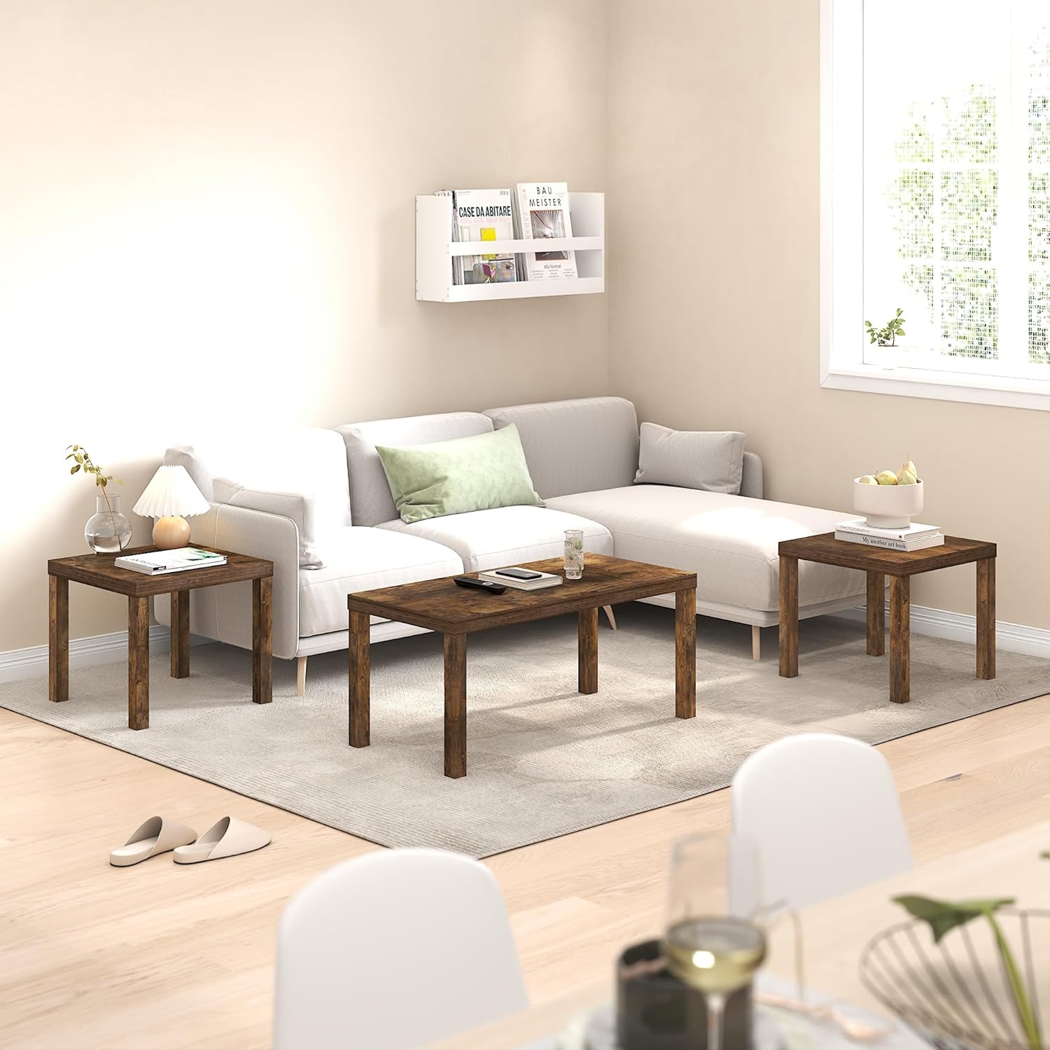 Furinno Classic Living Room Table Set of 3, Modern Rectangle Coffee Table with 2 Square Side Tables, End Tables, 1.8 Inch Thick Tabletop for Living Room, Home Office, Amber Pine