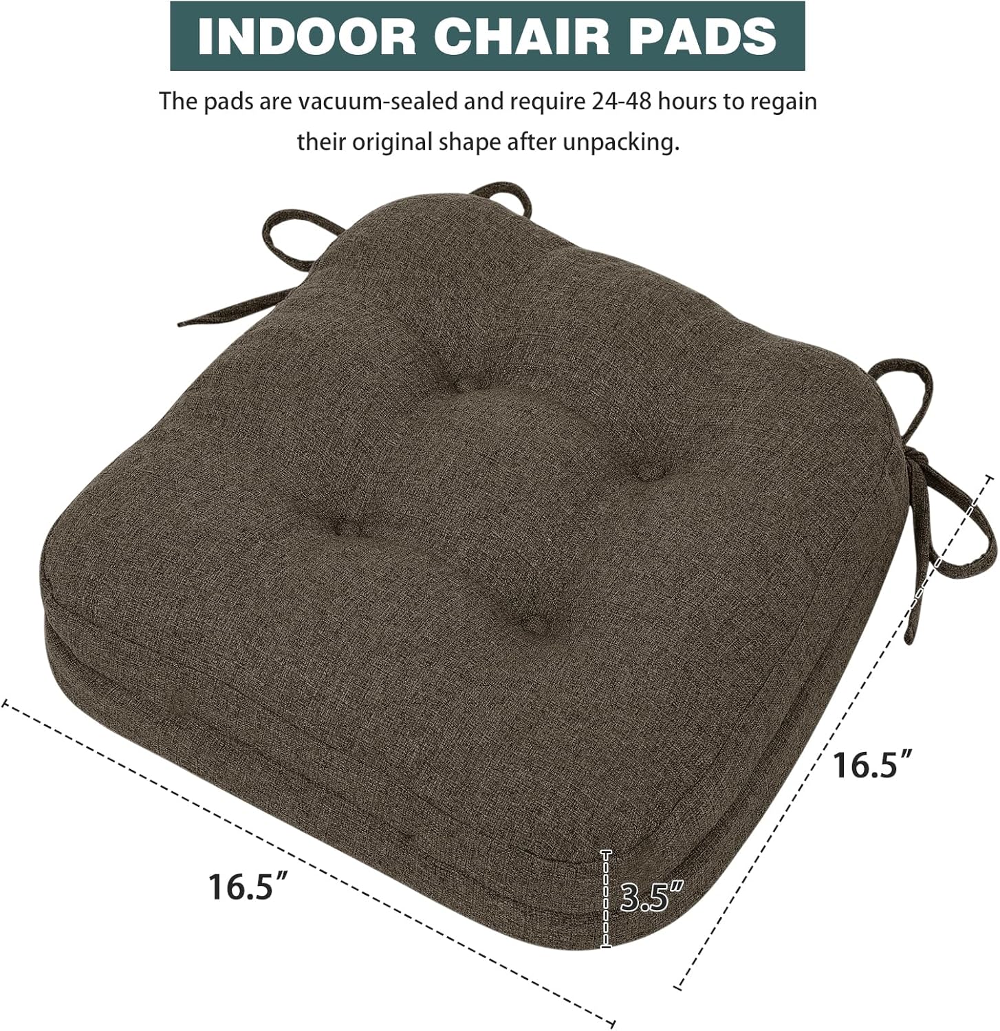 baibu Set of 2 Dining Chair Cushions, Dual-Layer Patent Design Memory Foam Kitchen Chair Cushions, Non-Slip Seat Pads with Ties, 16.5 x 16.5 x 3.5in, 2 Pack, Dark Brown