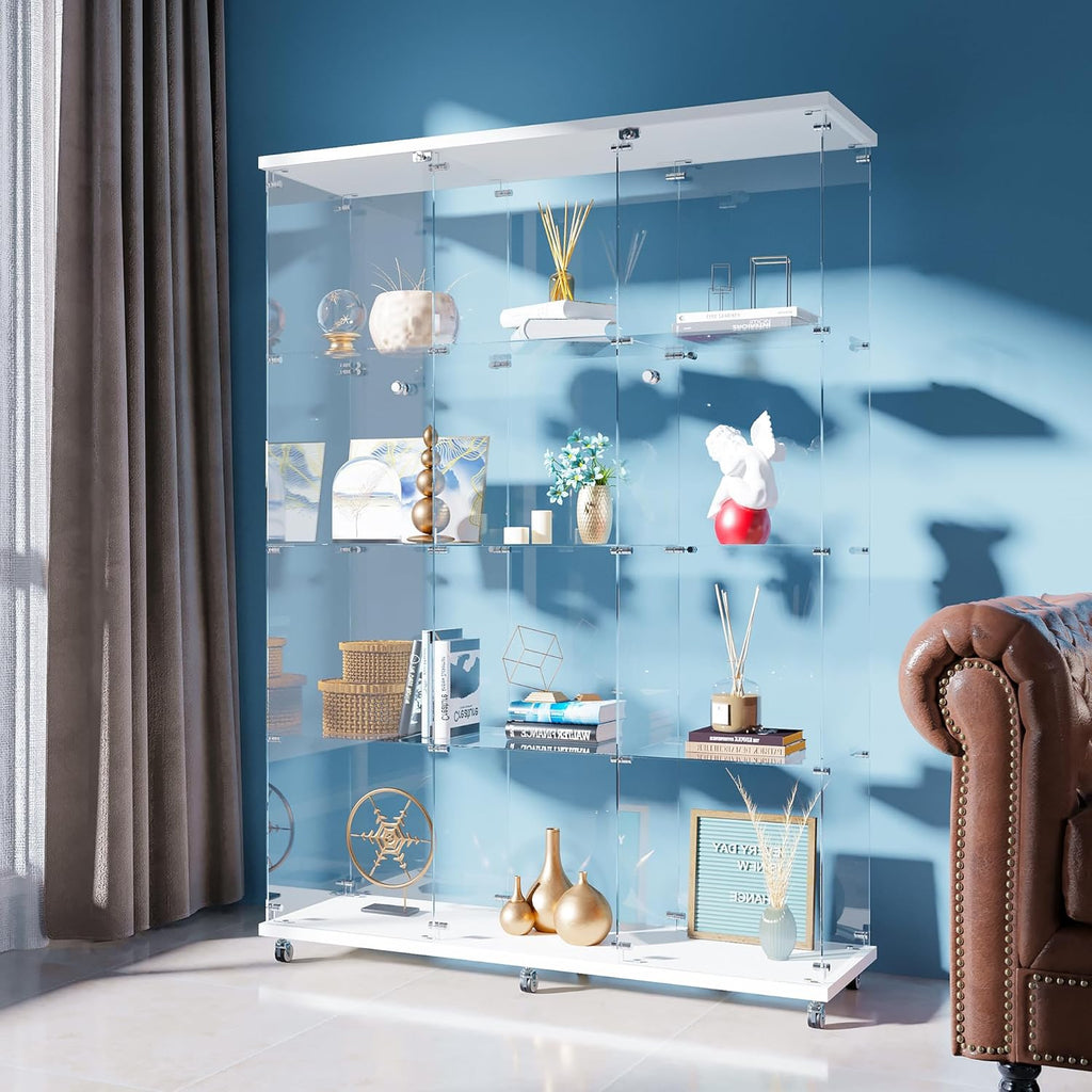 FANYUSHOW Tempered Glass Display Cabinet 12-Shelves Curio Cabinet with 3 Columns and Lock Extra Large Display Shelf Showcase for Living Room/Bedroom/Office- White 66.5" H x47.7 L x 14.5" W