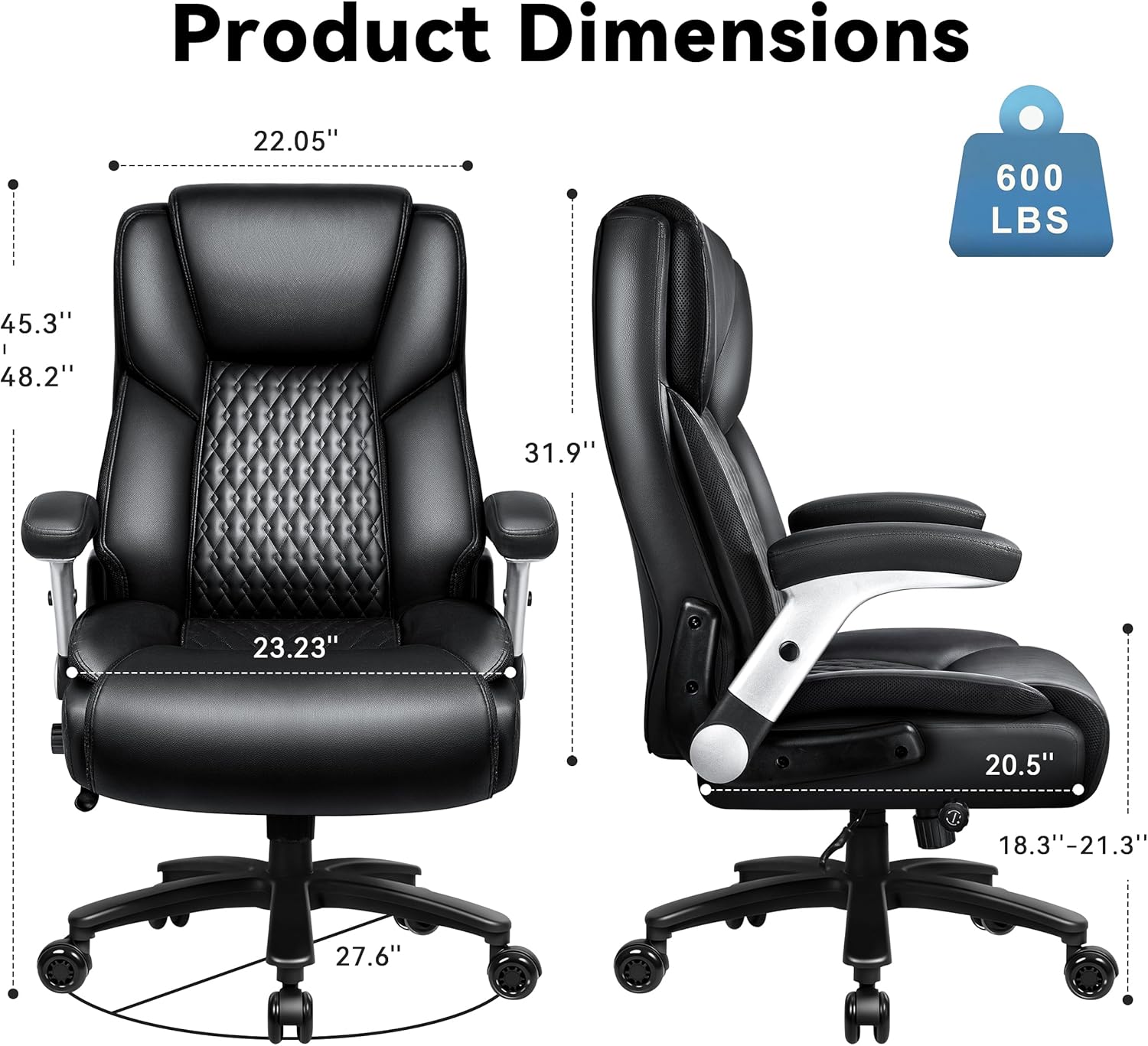 Big and Tall Office Chair 600LBS, Heavy Duty Office Chair for Heavy People, High Back Executive Office Leather Chair with Adjustable Armrests and Lumbar Support, Black Ergonomic Big Tall Chair