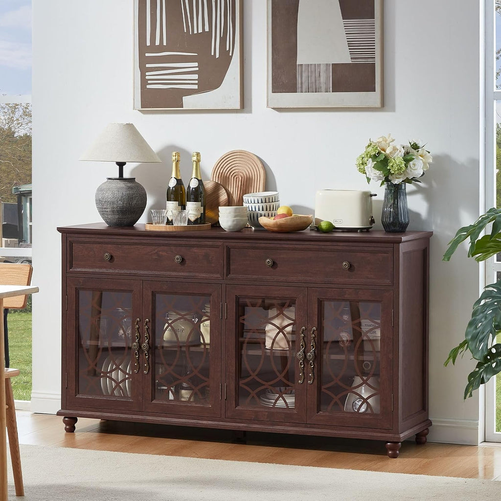 Joaxswe Farmhouse Sideboard Buffet Cabinet with Storage,59" Large Credenza with 4 Glass Doors & 2 Drawers,Adjustable Shelves Console Table,Wood Kitchen Coffee Bar for Dining Room,Living Room,Walnut