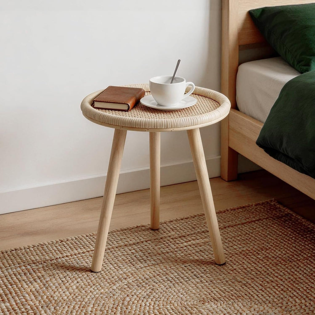 Small Rattan Side Table, Round Side Table for Living Room, Boho Wicker Coffee Table, Wooden Accent Table for Bedroom, Balcony, Small Space, Home Decor