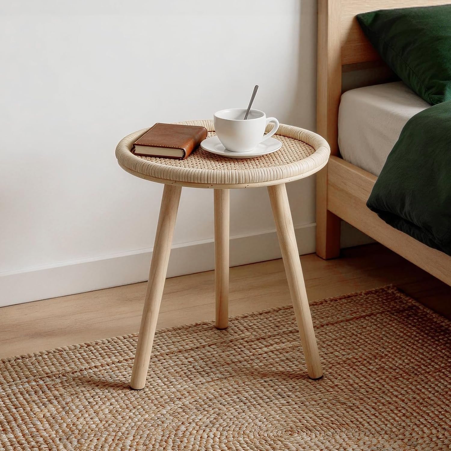 Small Rattan Side Table, Round Side Table for Living Room, Boho Wicker Coffee Table, Wooden Accent Table for Bedroom, Balcony, Small Space, Home Decor
