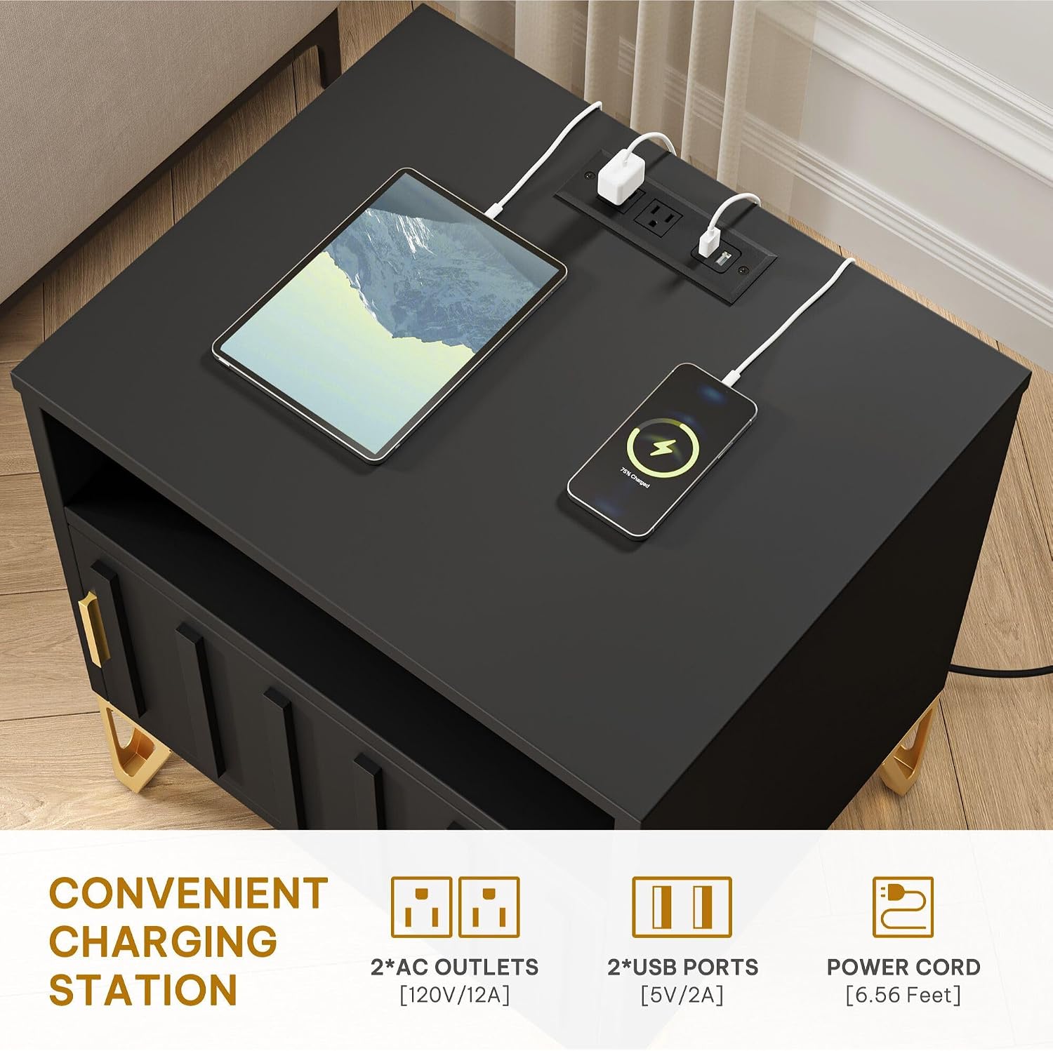 DWVO Nightstand with Charging Station, Metal Night Stand Set 2, Small Bedside End Tables, Modern Side Tables, Night Stand, Set of 2, Black