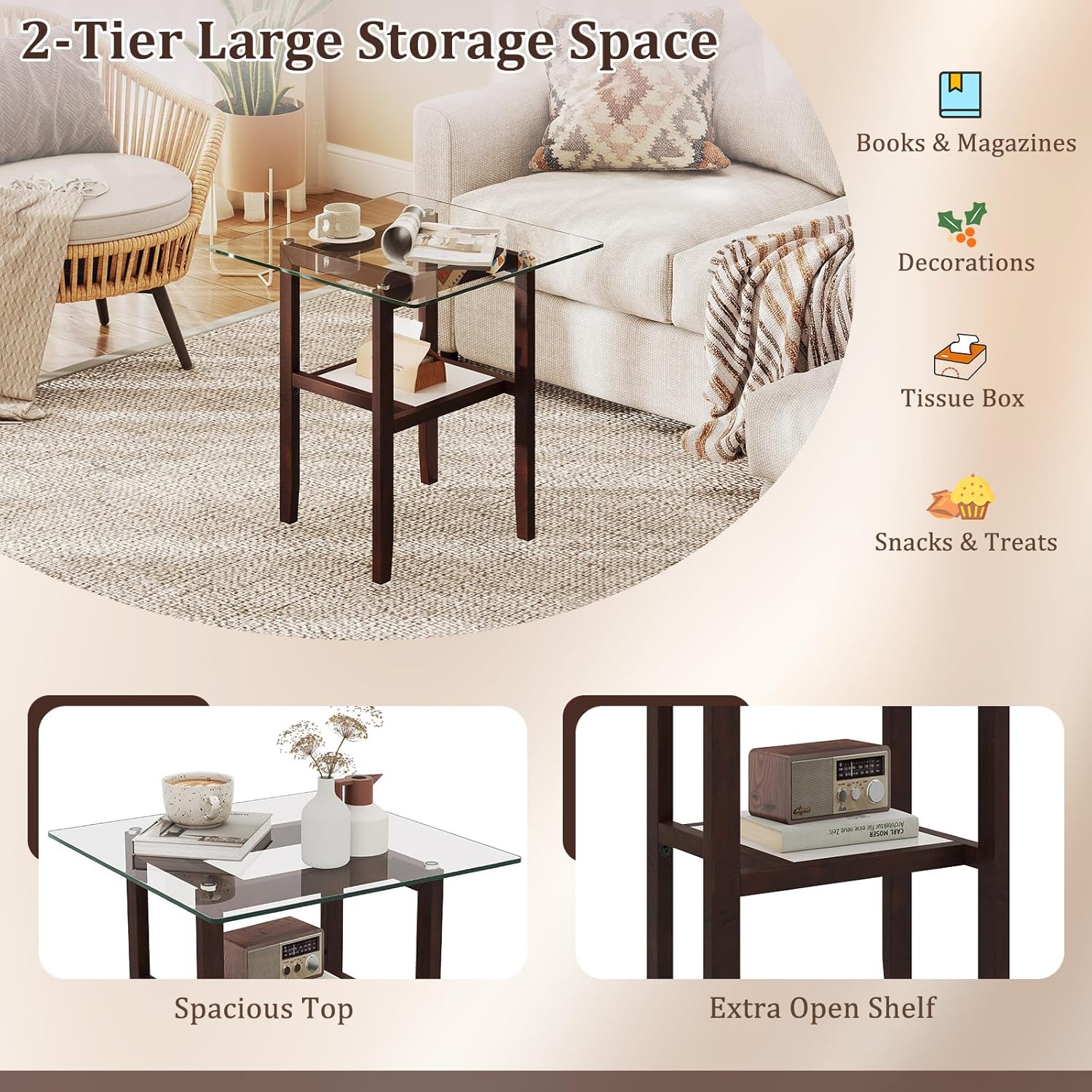 Giantex Glass End Table Set of 2, 24" Square Side Tables with Storage Shelf & Rubber Wood Frame, Small Coffee Table for Living Room, Mid Century Modern Nightstands for Bedroom