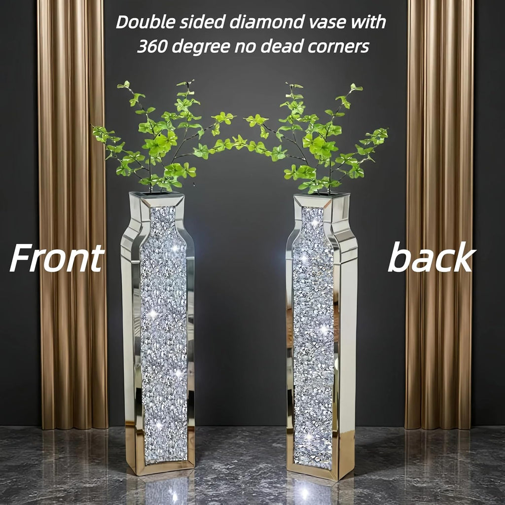 30" Tall Floor Vase, Double Sided Crushed Diamond Mirrored Vases,Large Flower Vase for Home Decor, Mirror Glass Decorative for Living Room,Office,Centerpiece (Crushed Diamond:4.7''L X 6.8''W X 30''H)