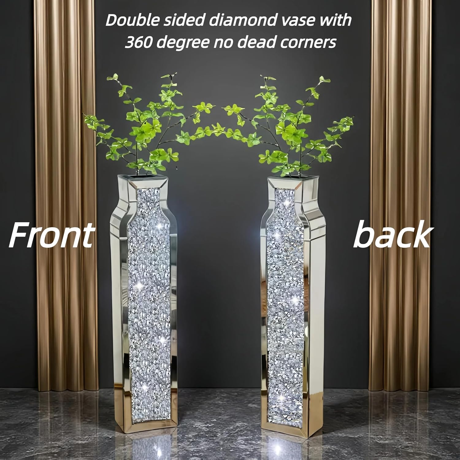 30" Tall Floor Vase, Double Sided Crushed Diamond Mirrored Vases,Large Flower Vase for Home Decor, Mirror Glass Decorative for Living Room,Office,Centerpiece (Crushed Diamond:4.7''L X 6.8''W X 30''H)