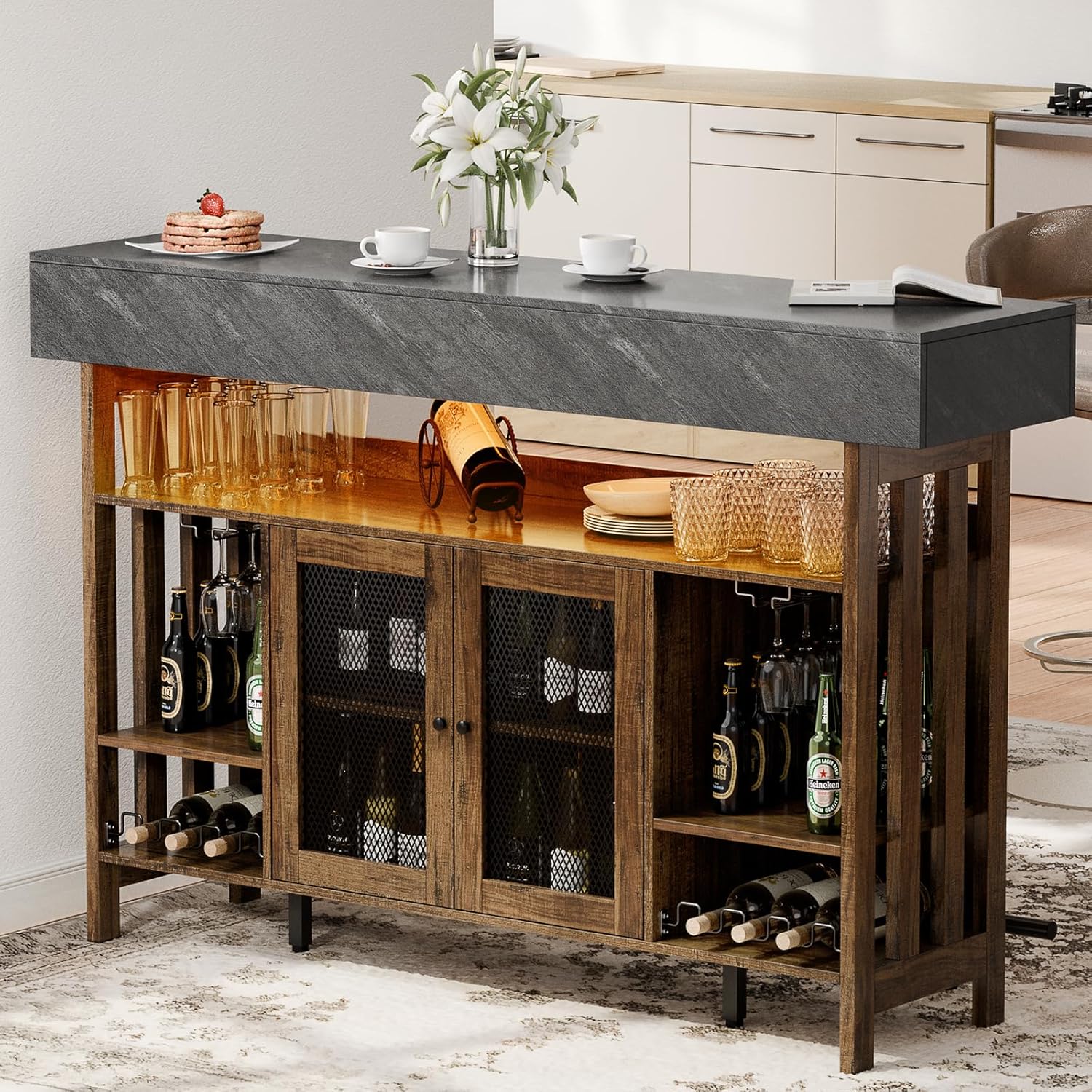Loomie Bar Table Cabinet with Grey Marble Top & LED Lights & 2 Drawers, Home Bar Unit with Adjustable Shelf & Footrest, 41.3" Counter Height Pub Table, Wine Liquor Bar for Home Pub (Rustic Brown)