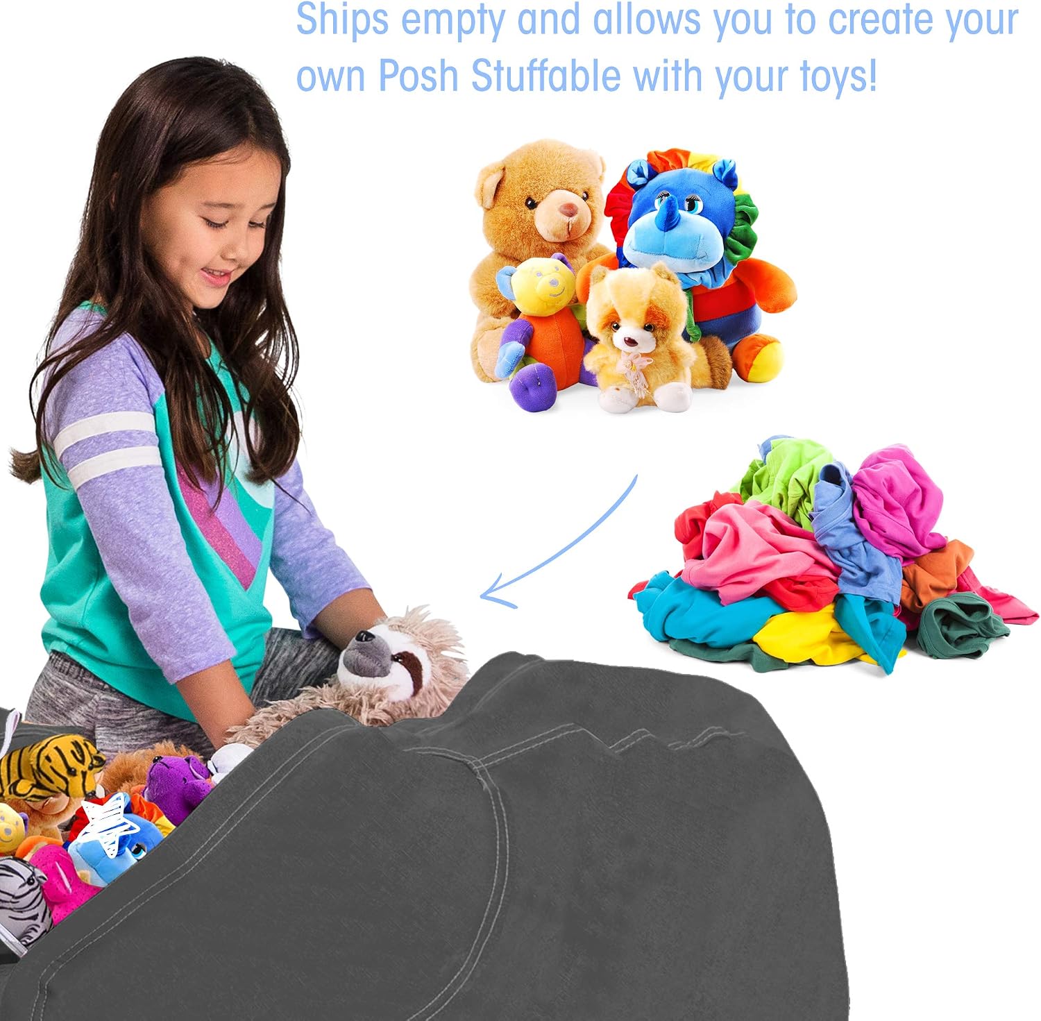 Posh Stuffable Kids Stuffed Animal Storage Bean Bag Chair Cover - Childrens Toy Organizer, X-Large 48" - Heather Gray