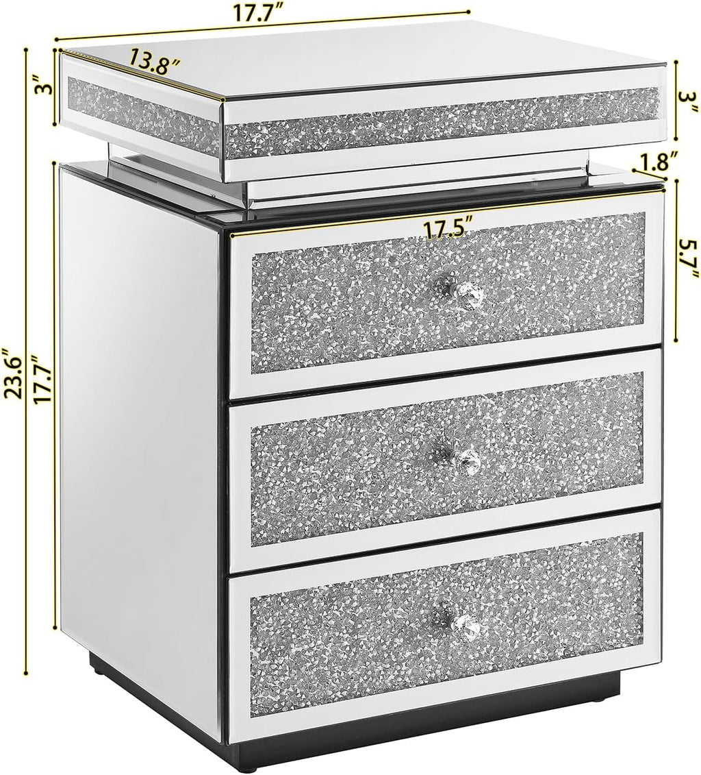 Modern Glam Glass Mirror Nightstand, Silver Bedside Table with Sparkling Crushed Diamond, 3-Drawer Luxury Mirrored Accent Table for Living Room, Bedroom, Fully Assembled