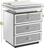 Modern Glam Glass Mirror Nightstand, Silver Bedside Table with Sparkling Crushed Diamond, 3-Drawer Luxury Mirrored Accent Table for Living Room, Bedroom, Fully Assembled