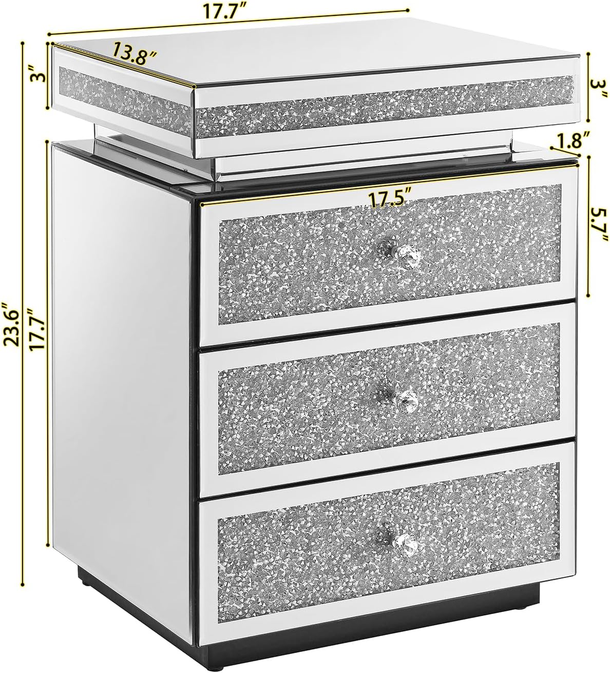 Modern Glam Glass Mirror Nightstand, Silver Bedside Table with Sparkling Crushed Diamond, 3-Drawer Luxury Mirrored Accent Table for Living Room, Bedroom, Fully Assembled