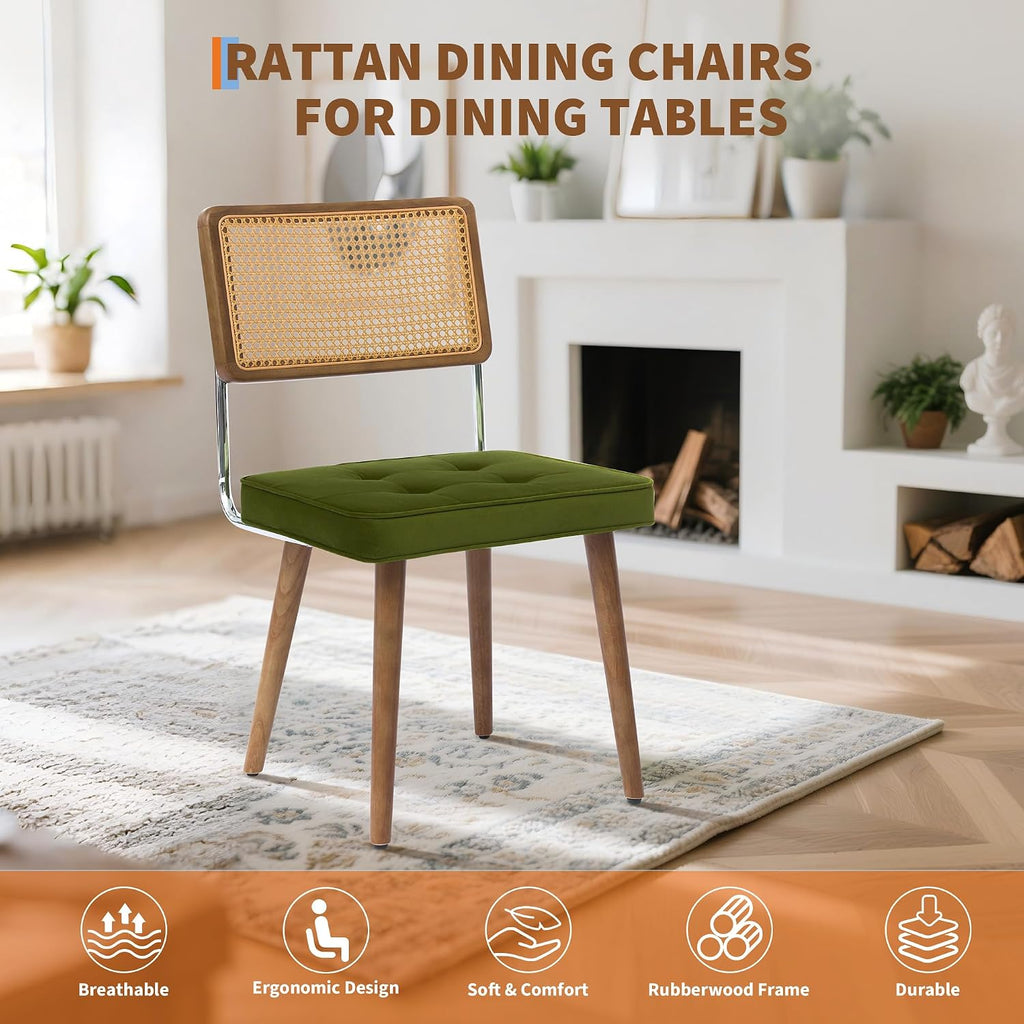 GarveeHome Natural Rattan Dining Chairs Set of 4, Velvet Upholstered Kitchen Chairs with Tall Cane Backrest and Strong Wood Legs for Dining Room, Kitchen, Restaurant, Green