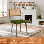 GarveeHome Natural Rattan Dining Chairs Set of 4, Velvet Upholstered Kitchen Chairs with Tall Cane Backrest and Strong Wood Legs for Dining Room, Kitchen, Restaurant, Green