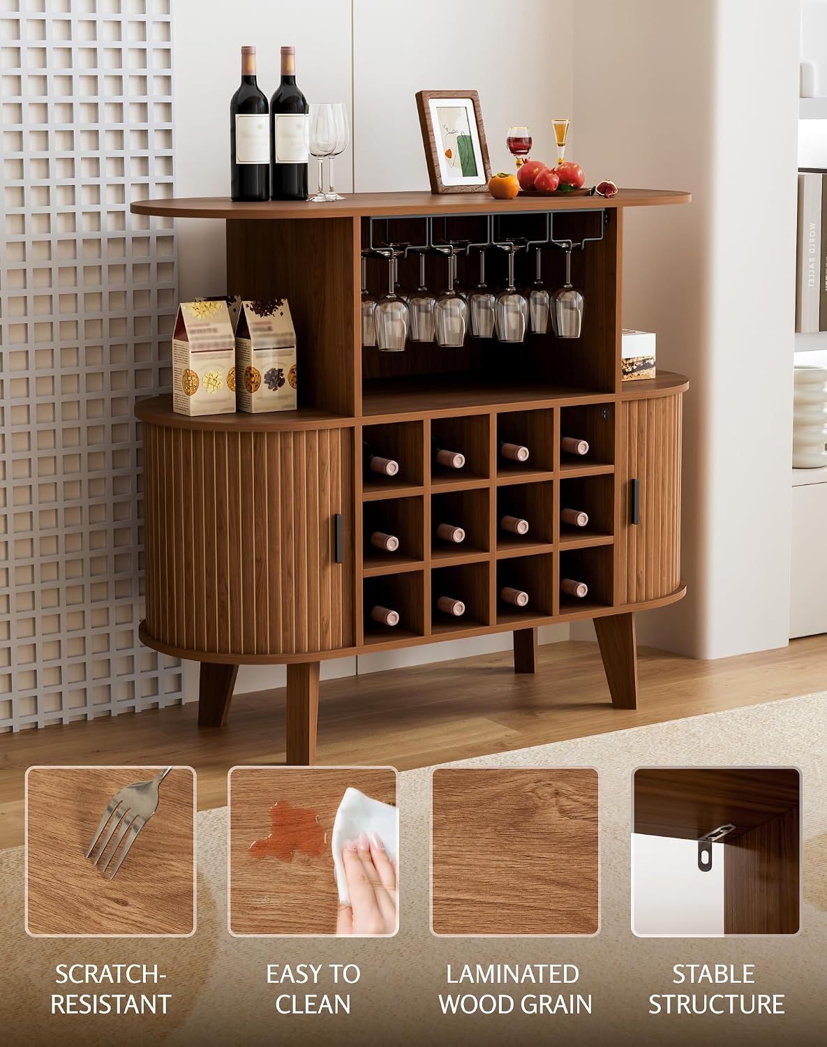 35.4" Oval Wine Bar Cabinet with 12 Racks 4 Glass Holders, Small Coffee Bar Cabinet with Sliding Tambour Door for Home, Kitchen, Living Room, Walnut