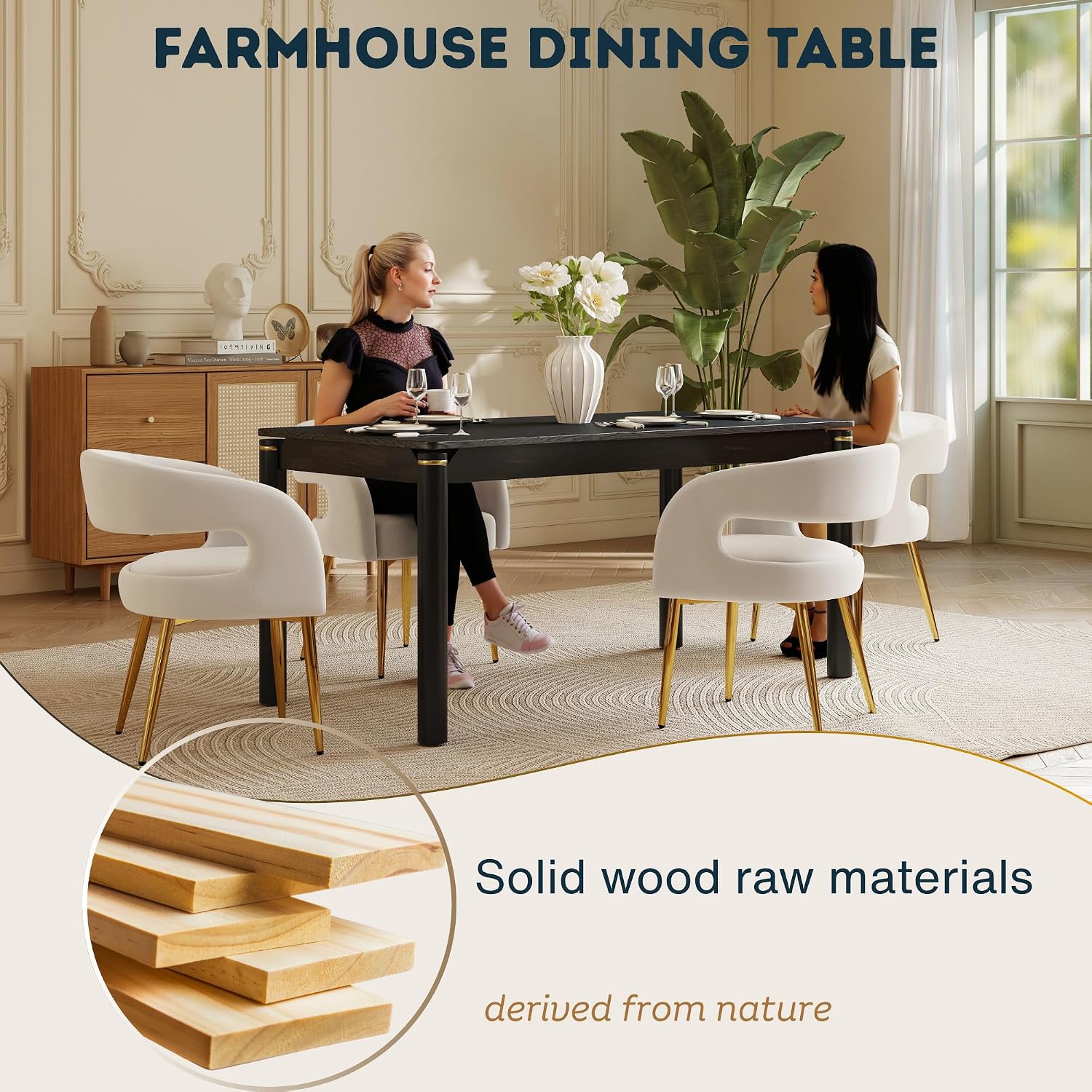 Hyfirm 63 Inch Black Solid Wood Dining Table for 4-6, Mid Century Modern Rectangular Dining Table with Gold Ring Decoration, Farmhouse Dinner Table for Dining Room Restaurant
