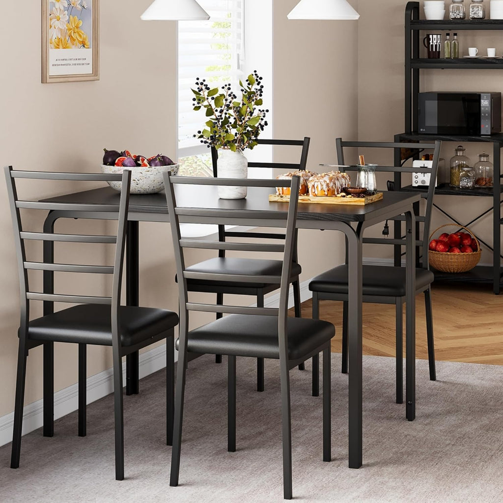GarveeHome 5-Piece Kitchen Dining Room Table Chair Set for Small Space, Indoor Modern Dinette Set for 4, Square Dinner Table Set for Dinette (Black, Dining Table with 4 Chairs)