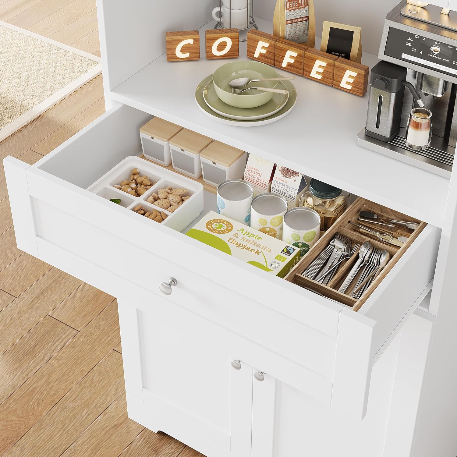 HIFIT 2 Pcs Tall Kitchen Pantry Cabinet, Large Kitchen Hutch Storage Cabinet with Doors & Wide Shelves, 67" Tall Modern Coffee Bar Cabinets with Drawers Cupboard Set for Home Dining Living Room, White