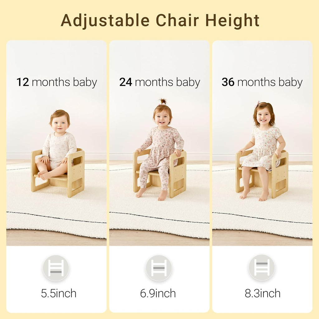 Tilhumt Montessori Weaning Table and Chair Set - 3 Adjustable Height Kids Activity Table with Fence Wood Toddler Table and Chair Set for 1-3 Age Kids for Read, Playing, Eating, Step Stool