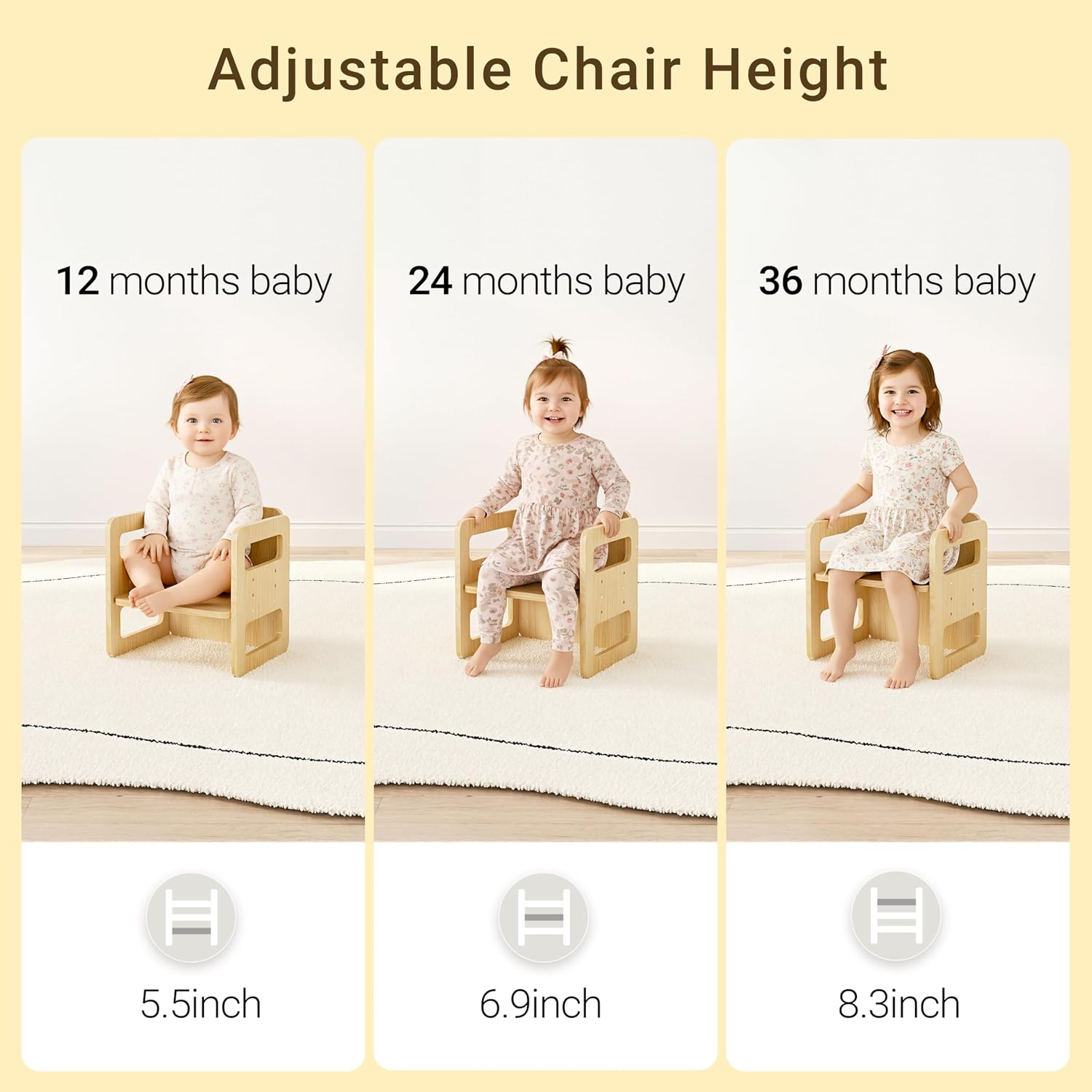Tilhumt Montessori Weaning Table and Chair Set - 3 Adjustable Height Kids Activity Table with Fence Wood Toddler Table and Chair Set for 1-3 Age Kids for Read, Playing, Eating, Step Stool