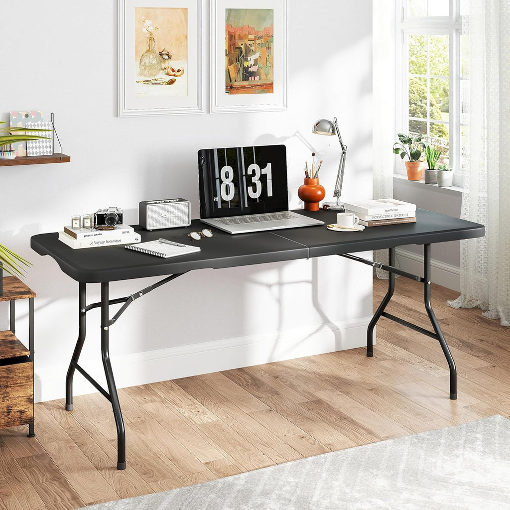 8ft Folding Table - Portable Foldable Table, Picnic Table with Carrying Handle & Safety Locks, Durable Black Folding Table for Parties, Events, Weddings Picnic, Camping, Dining Indoor Outdoor Use