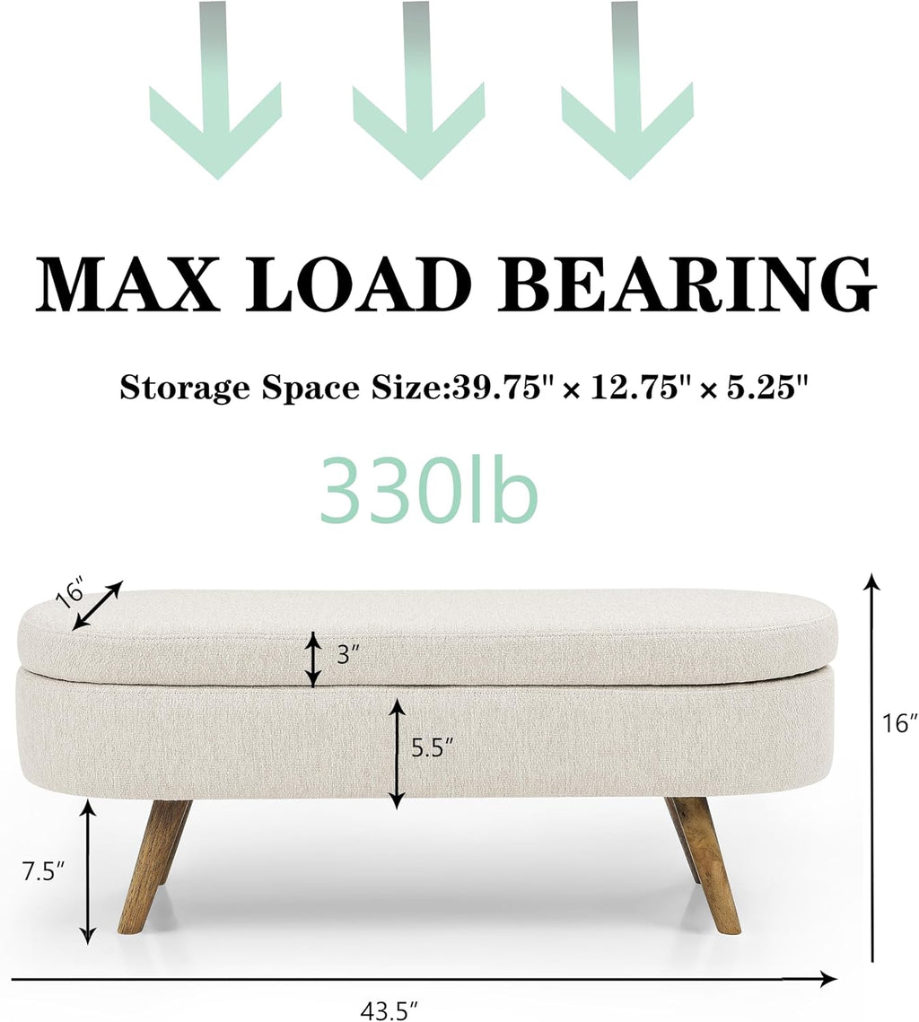 43.5" Ottoman with Storage, Storage Ottoman Bench with Safety Hinge, Linen End of Bed Bench, Upholstered Entryway Bench for Bedroom, Living Room & Window, Holds up to 330 lb, Beige