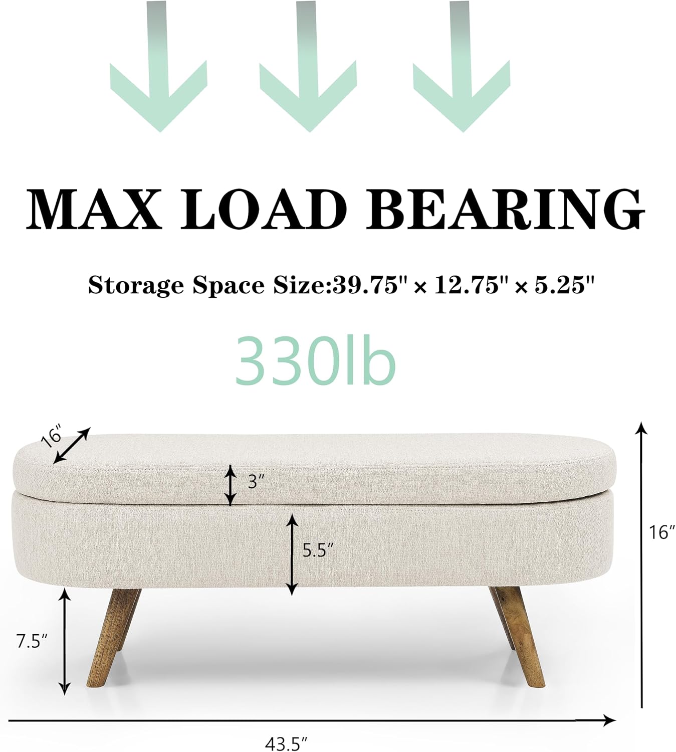 43.5" Ottoman with Storage, Storage Ottoman Bench with Safety Hinge, Linen End of Bed Bench, Upholstered Entryway Bench for Bedroom, Living Room & Window, Holds up to 330 lb, Beige