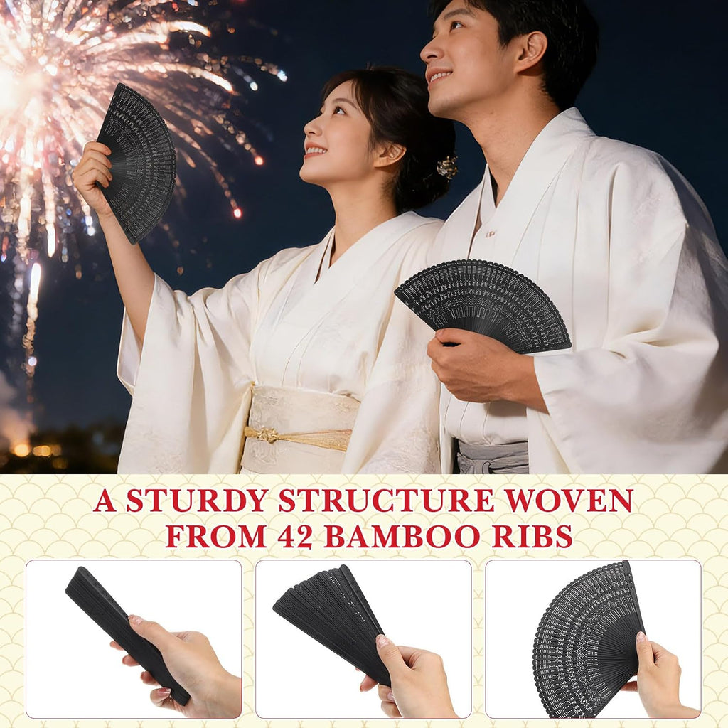 NUOBESTY Bamboo Folding Fan 12.5 Inch Vintage Hand Held Fan for Women Portable Foldable Hand for Summer Weddings Parties and Home Decoration (Black)