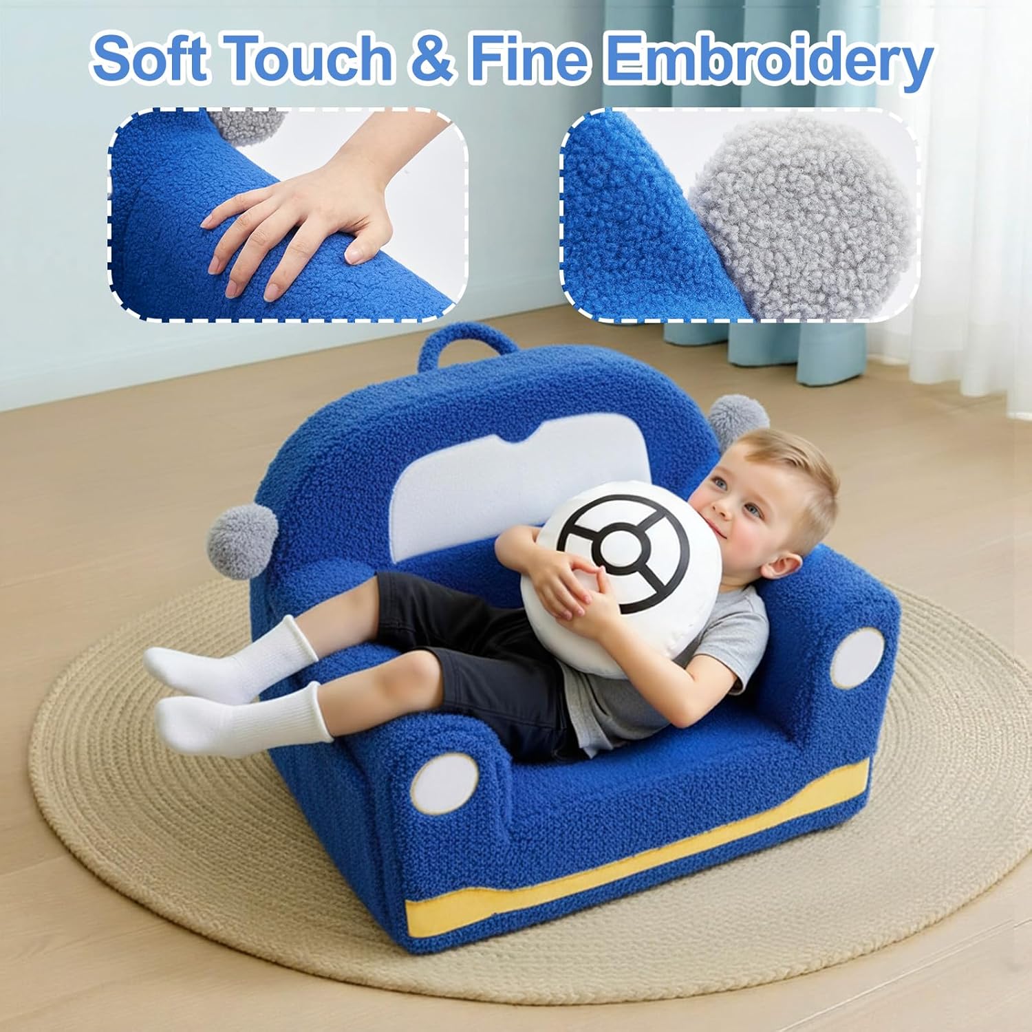 OUOZZZ Kids Chair, Toddler Chairs Comfy 2-6 Years Old Boys | Soft Sherpa Foam, With Cushion, Handle, Book Pocket, Lightweight Playroom Furniture