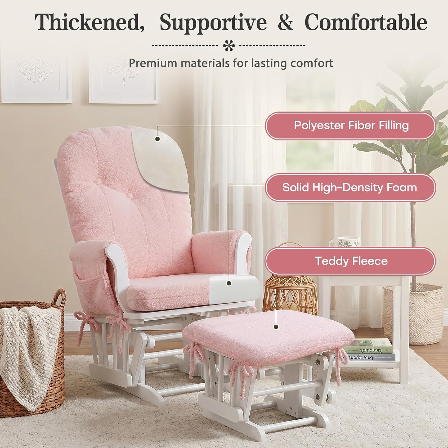 ANMINY 5pcs Glider Rocker Replacement Cushions Set with Ottoman Cover, 3.5Inch Thickened Fleece Glider Rocking Chair Cushions with 29.5Inch Tufted Backrest & Side Pockets for Indoor Nursery, Pink