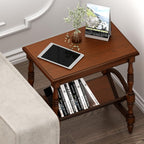 Classic Wooden Side Table with Magazine Rack, End Table with Rubberwood Legs and Birch Veneer Finish, Bedside Table with Storage Shelf for Living Room, Bedroom