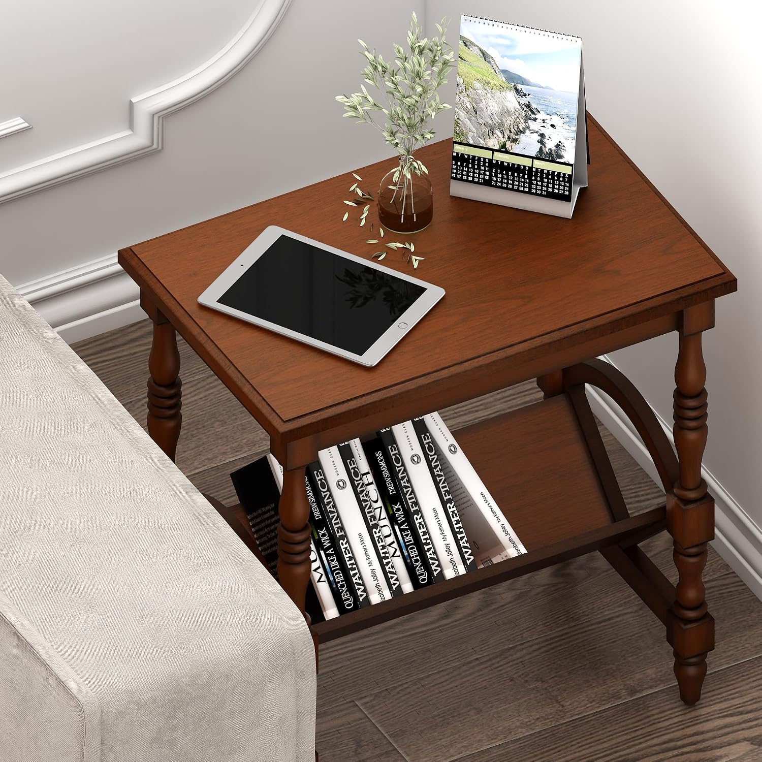 Classic Wooden Side Table with Magazine Rack, End Table with Rubberwood Legs and Birch Veneer Finish, Bedside Table with Storage Shelf for Living Room, Bedroom