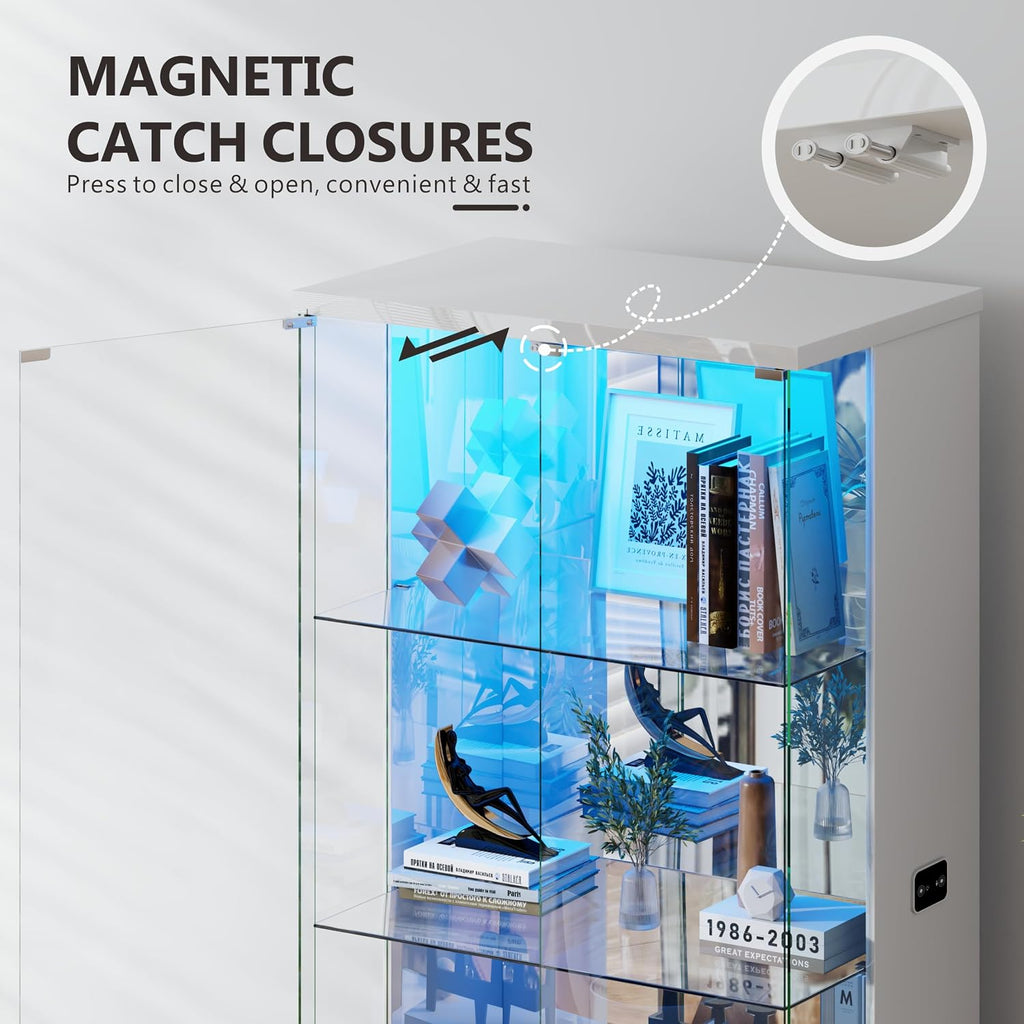 Lvifur 71” Tall Display Cabinet with Glass Doors, Modern Curio Cabinet Display Cases for Collectibles, Living Room Bookcase Locking Cabinet with Lights & Human Body Sensor, Gift for Father (White)