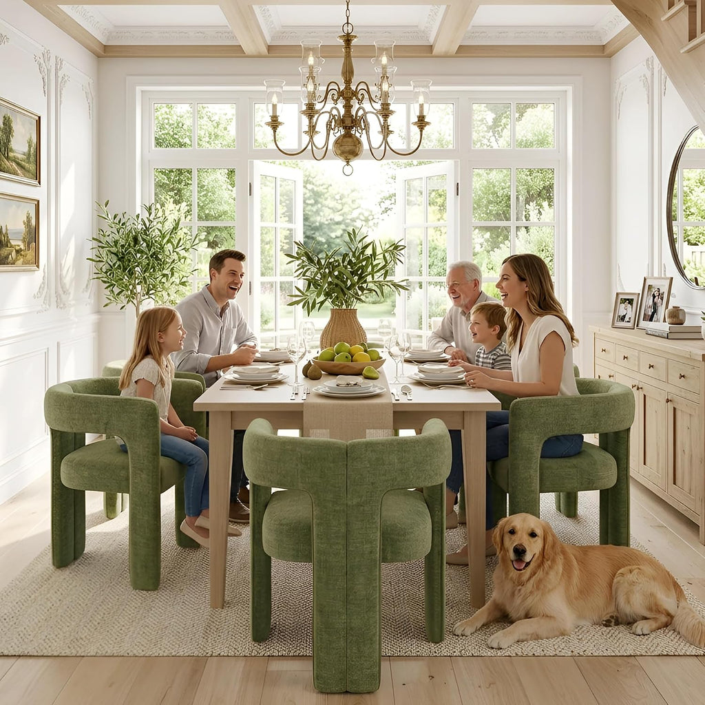 HNY Modern Green Dining Chairs Set of 6, Chenille Upholstered Dining Room Barrel Chairs with Solid Wood Frame, Comfy Accent Kitchen Armchairs with Open Back, Vanity Side Chairs for Living Room Bedroom