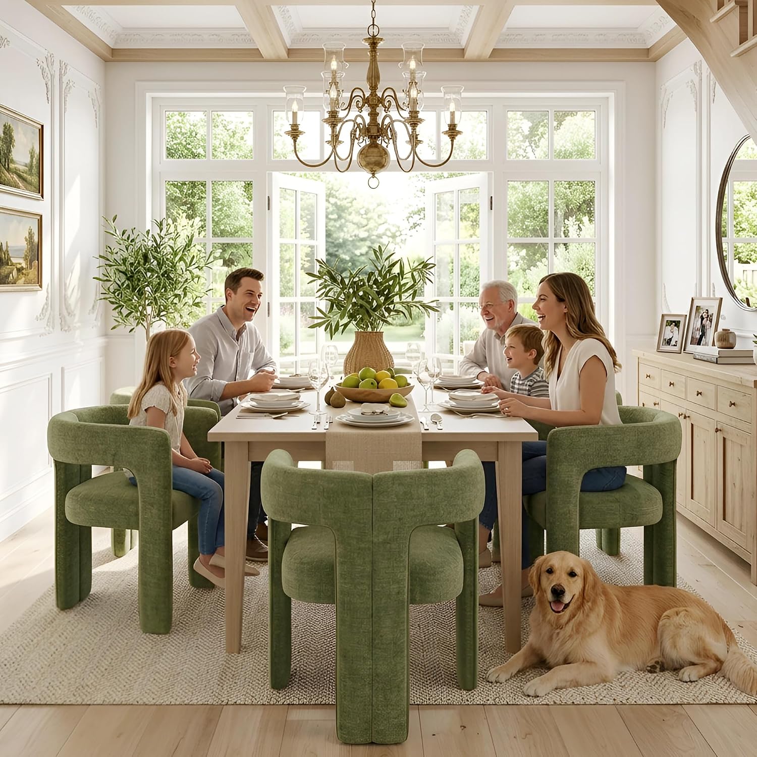 HNY Modern Green Dining Chairs Set of 6, Chenille Upholstered Dining Room Barrel Chairs with Solid Wood Frame, Comfy Accent Kitchen Armchairs with Open Back, Vanity Side Chairs for Living Room Bedroom