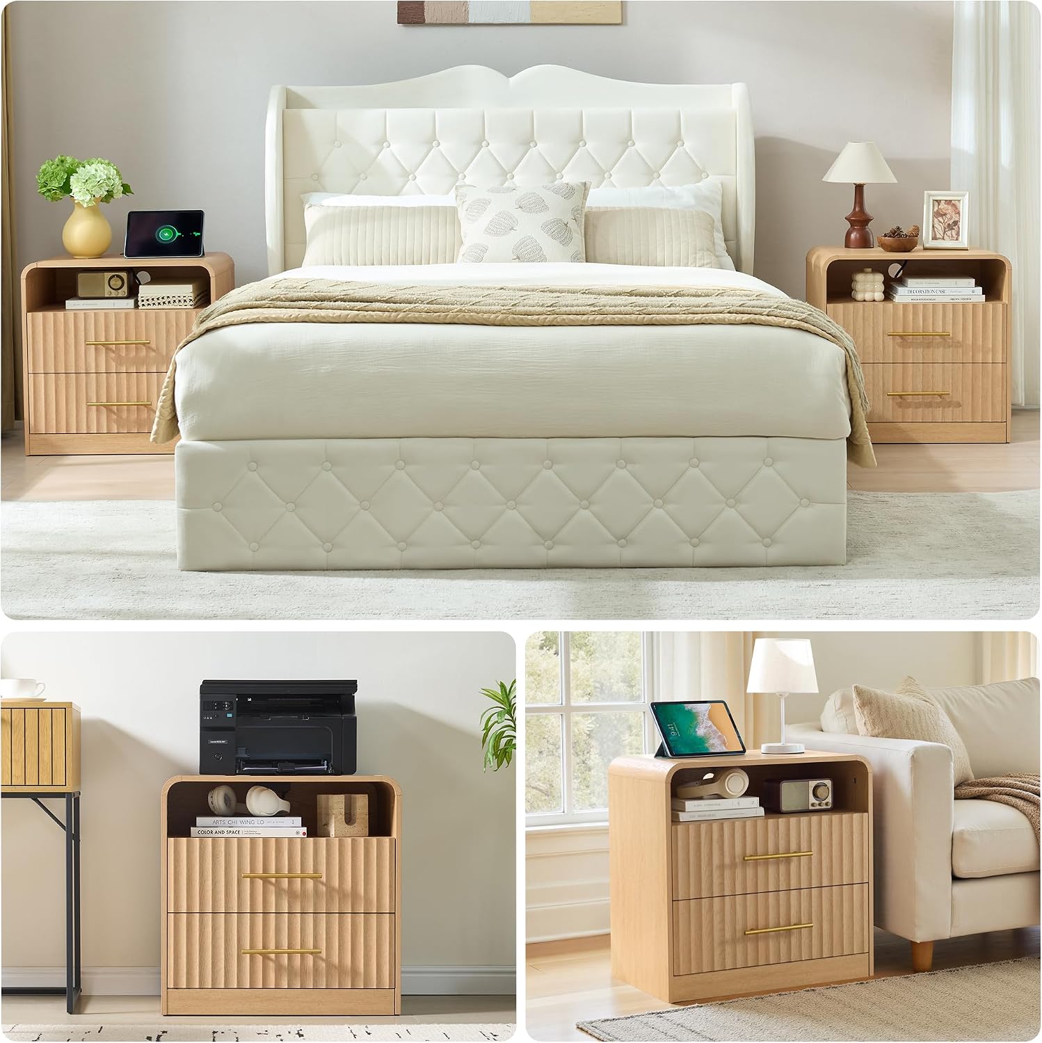 Fluted Nightstand with Charging Station, Bedside Table with 2 Drawers, Wood End Table with Storage Mid Century Modern, Large Night Stand for Bedroom (Natural Oak,1 Piece)