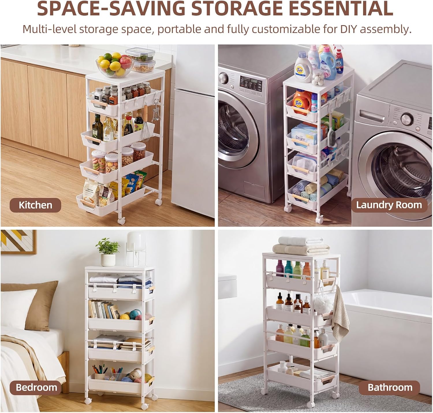 5 Tier Slim Rolling Storage Cart with Pull-Out Drawers,Narrow Utility Organizer Cart with Wooden Top & Wheels for Small Spaces Kitchen Bathroom Laundry Room (White)