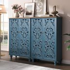 Jiansu furni Buffet Sideboard Cabinet with Hand-Carved Doors,Tall Storage Cabinet for Dining Room, Vintage Wood Accent Cabinet with Shelves, Slim Floor Cupboard for Kitchen & Entryway(Blue & Walnut)