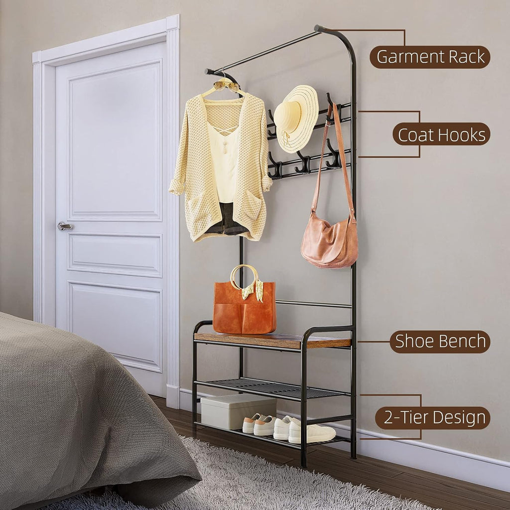 Amyove Coat Rack Shoe Bench, 3-in-1 Hall Tree Shoe Rack for Entryway, 3-Tier Storage Shelf and 8 Hooks Removable, Industrial Accent Furniture with Steel Frame, Multifunctional Hallway Organizer