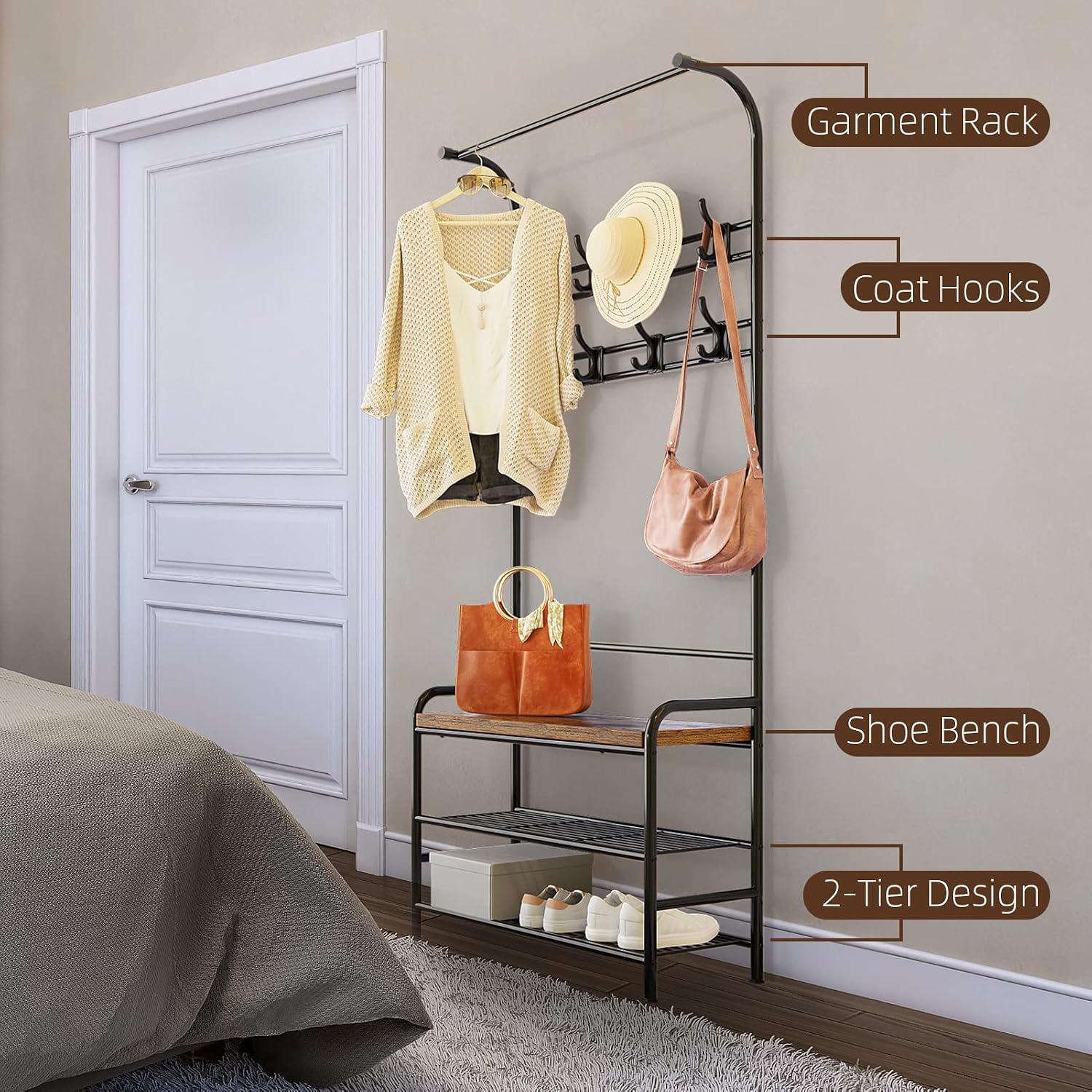 Amyove Coat Rack Shoe Bench, 3-in-1 Hall Tree Shoe Rack for Entryway, 3-Tier Storage Shelf and 8 Hooks Removable, Industrial Accent Furniture with Steel Frame, Multifunctional Hallway Organizer