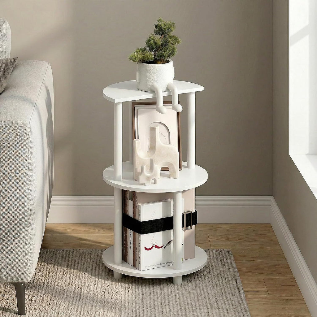 Furinno Turn-N-Tube Side Table, 3-Tier Round End Table, Half Round Top Panel Night Stand, Nightstand, Bedside Table with Open Shelf, for Living Room, Bedroom, Plain White