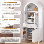 71" Fluted Tall Arched Kitchen Pantry with Glass Door, Farmhouse Storage Cabinet with Adjustable Shelves & Hidden Drawer for Kitchen, Living Room, Dining Room, White